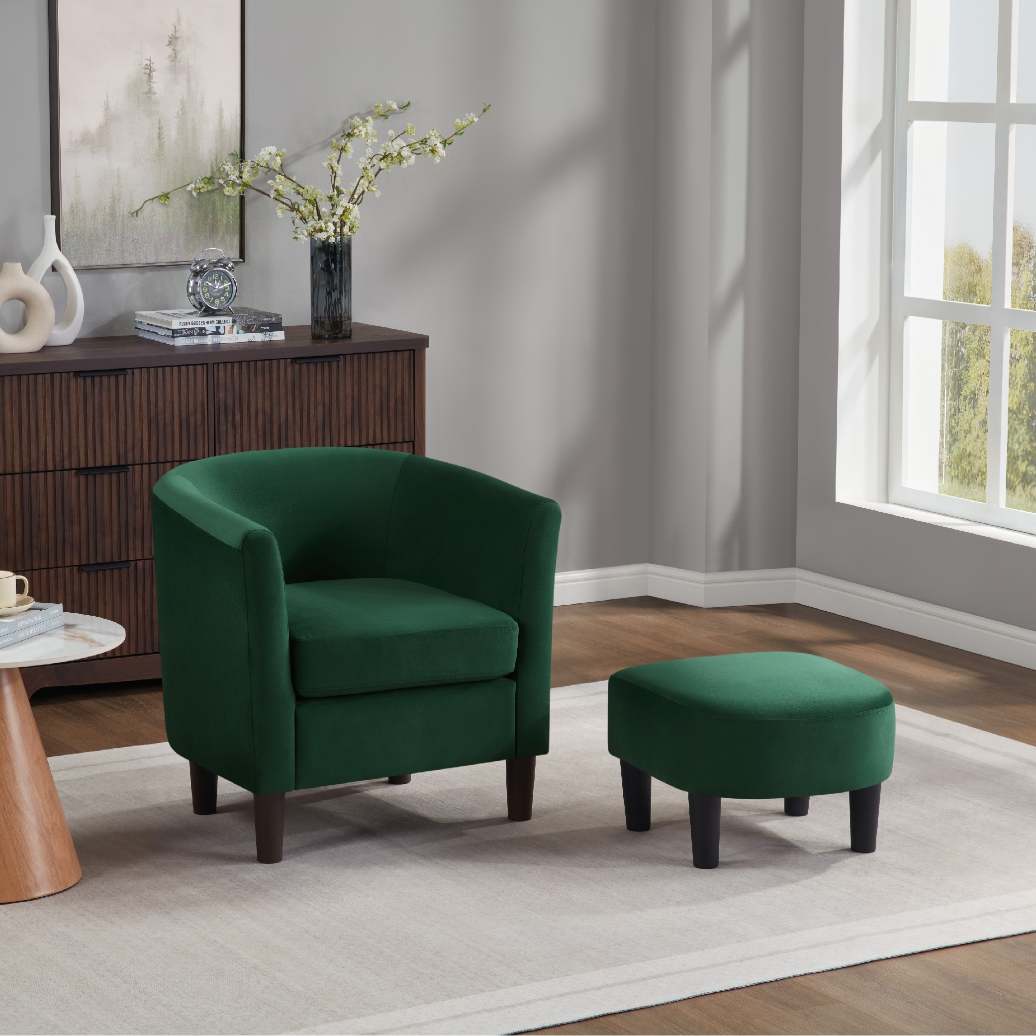 Velvet Accent Chair With Ottoman, Modern Barrel Chair Armchair For Living Room, Green_voghion.com